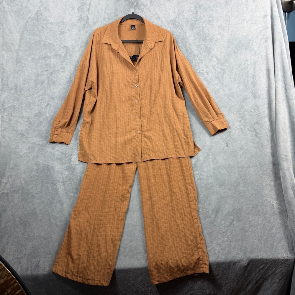 SHEIN Womens M Brown 2 Piece Set Wide Leg Pants Button Down Boho Quiet Luxury